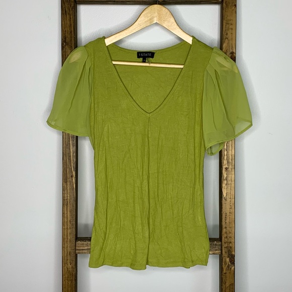 1. State Tops - 1. State Green Flutter Sleeve Fitted Blouse